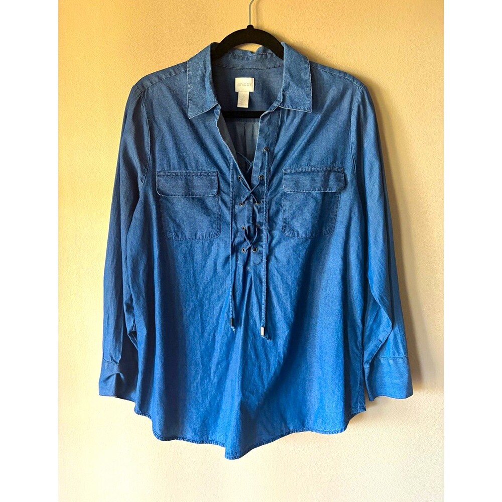 Chico's Women's 2 Blue Chambray Solid Collared Long Sleeve Lace-Up Blouse